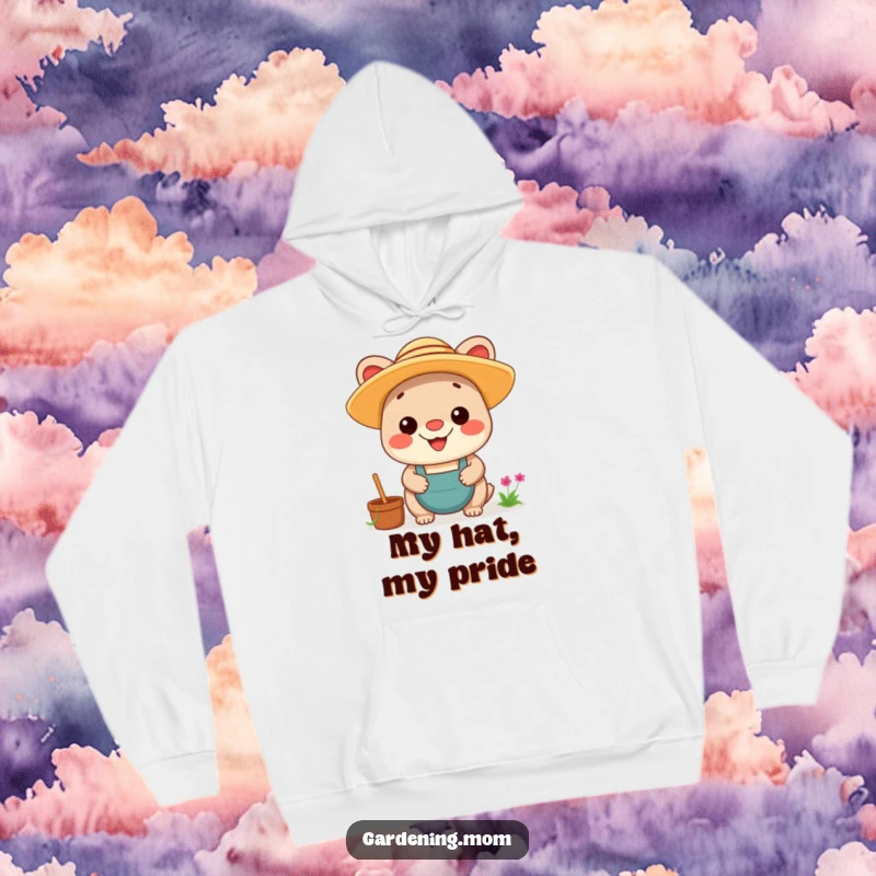 Funny Kawaii Gardening Animal Hoodie: A warm hoodie featuring a cute animal in a straw hat, exuding pride with a big grin.