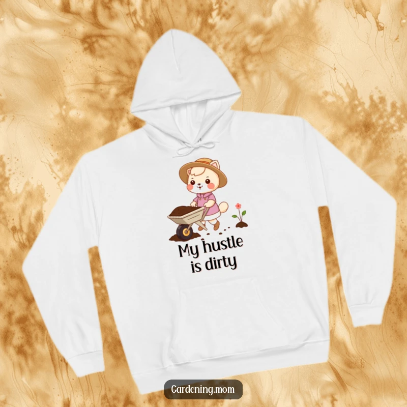 Funny gardening mom animal hoodie graphic: an animal mom pushing a small wheelbarrow packed with soil, a dedicated gardener.