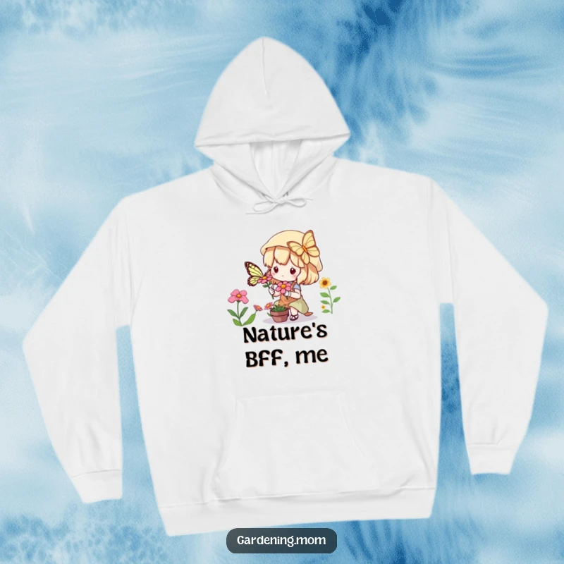 Funny Hoodie: Adorable kawaii gardening character enchanted by a delicate butterfly resting on a bright flower.