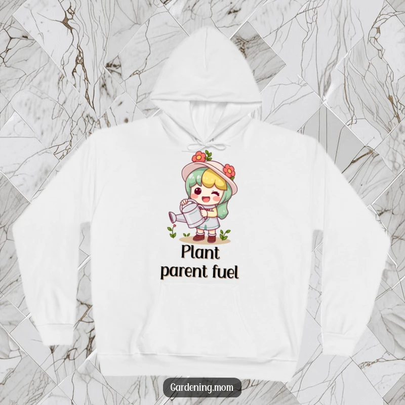 Funny Hoodie: An adorable kawaii gardening character happily clutches a watering can, radiating cheerfulness.