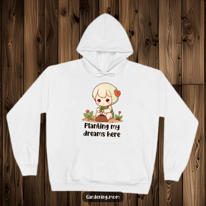 Funny hoodie displaying a cute gardening character delicately planting a tiny seed, radiating warmth and a love for growing things.
