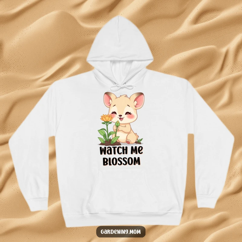 Funny hoodie with a sweet gardening mom animal excitedly examining a new bud, perfect for moments of quiet anticipation.