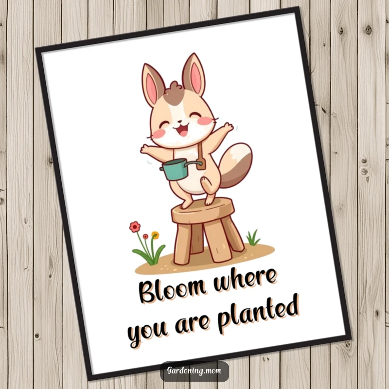 Funny Free Printable Wall Art: An animal gardener joyfully bounces on a small garden stool, radiating happiness and garden enthusiasm.