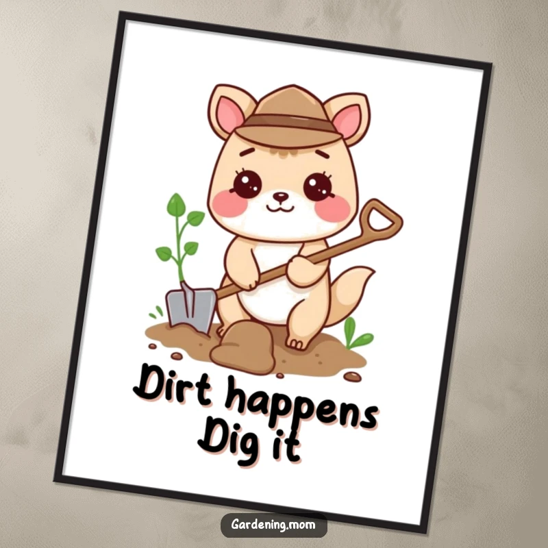 Funny free printable wall art of a joyful animal character energetically digging with a small shovel, bringing garden vibes indoors.