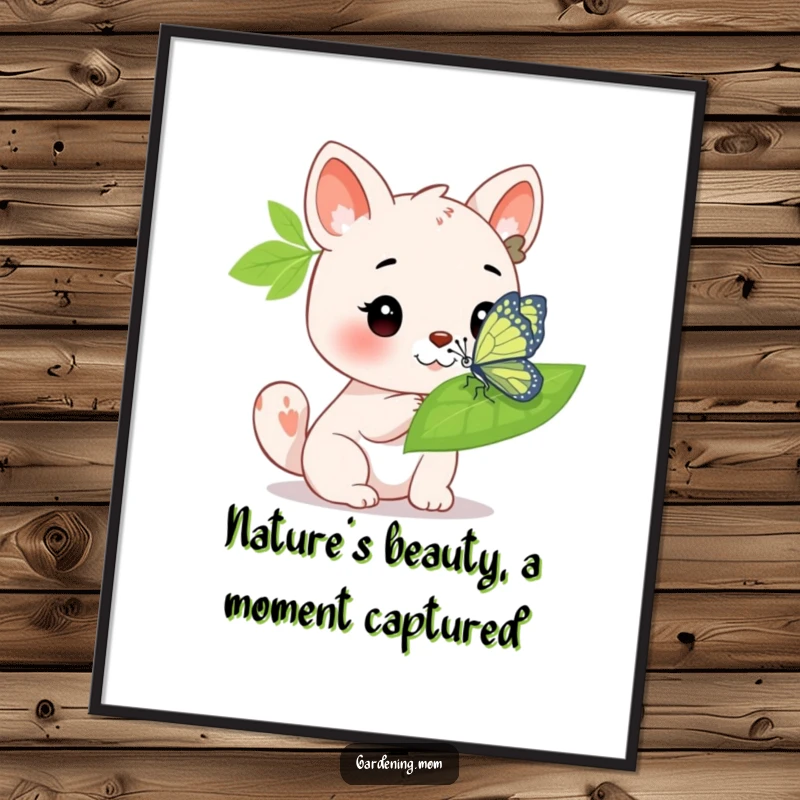 Funny Free Printable Wall Art: Animal Character Gazing in Awe at a Bright, Delicate Butterfly on a Leaf