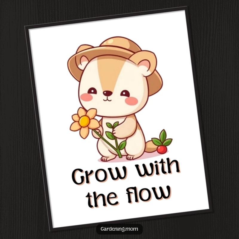 Funny Free Printable Wall Art of a cute animal character in a gardening hat, holding a large blooming flower.