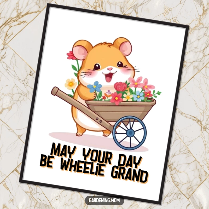 Funny Free Printable Wall Art: A happy hamster with a wheelbarrow full of colorful flowers, bringing joy and whimsy to any room.