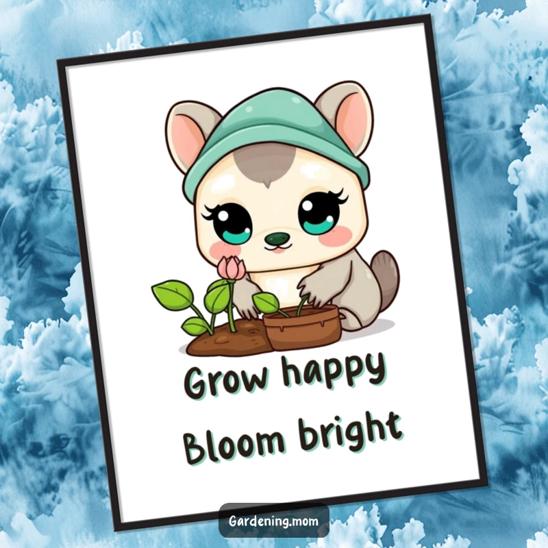 Funny Free Printable Wall Art: Wide-eyed Kawaii gardener admiring a blooming sprout, cute and inspiring.