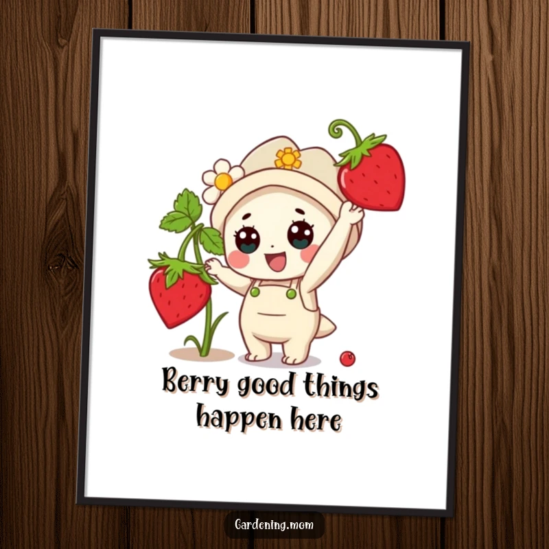 Funny Free Printable Wall Art: Cute Kawaii gardener joyfully reaching for a big ripe strawberry, bringing a taste of garden delight to your walls.
