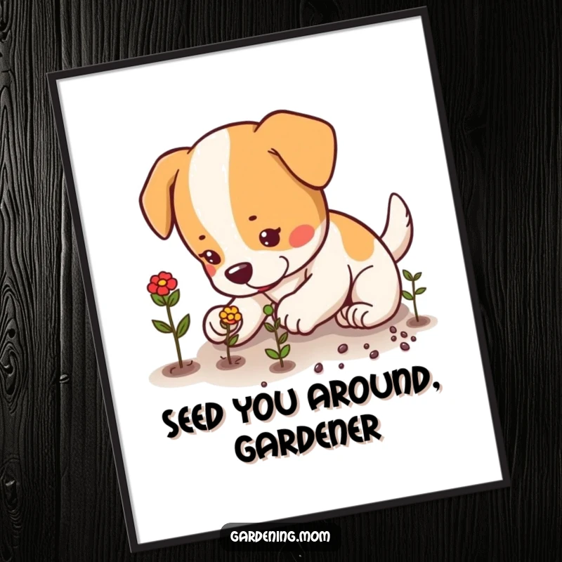 Funny free printable wall art depicting a dog meticulously planting seeds with small paws, celebrating patience and nature.