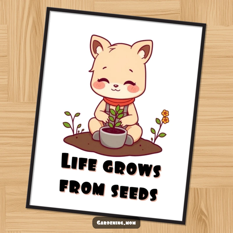Funny free printable wall art: A cute mom animal character happily planting a tiny seedling in a pot.