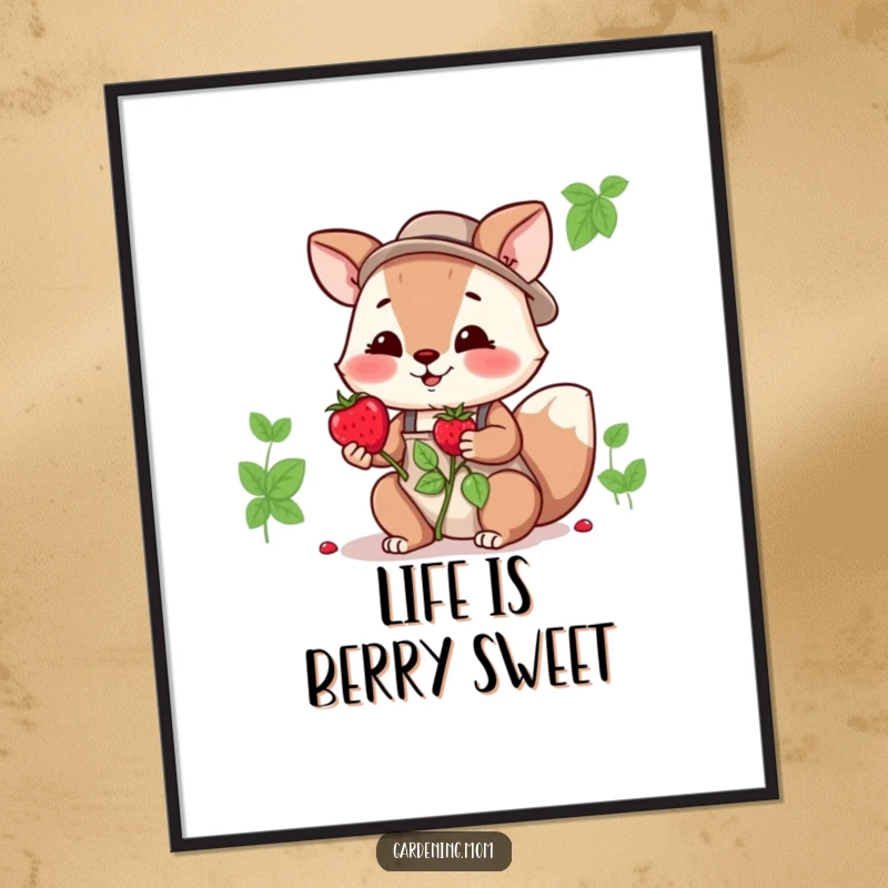 Funny Free Printable Wall Art: Gardening mom animal offering a juicy berry, sweet and charming, ideal downloadable art.
