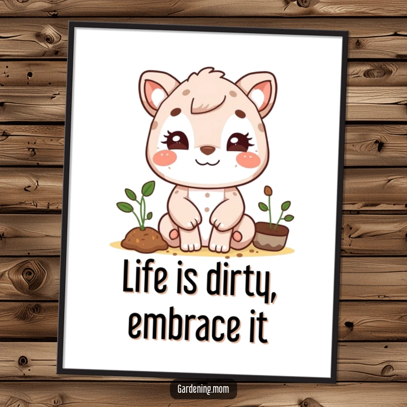Funny Free Printable Wall Art: Cheerful gardening mom animal with dirt smudges on cheeks, beaming with joy, ideal downloadable art.