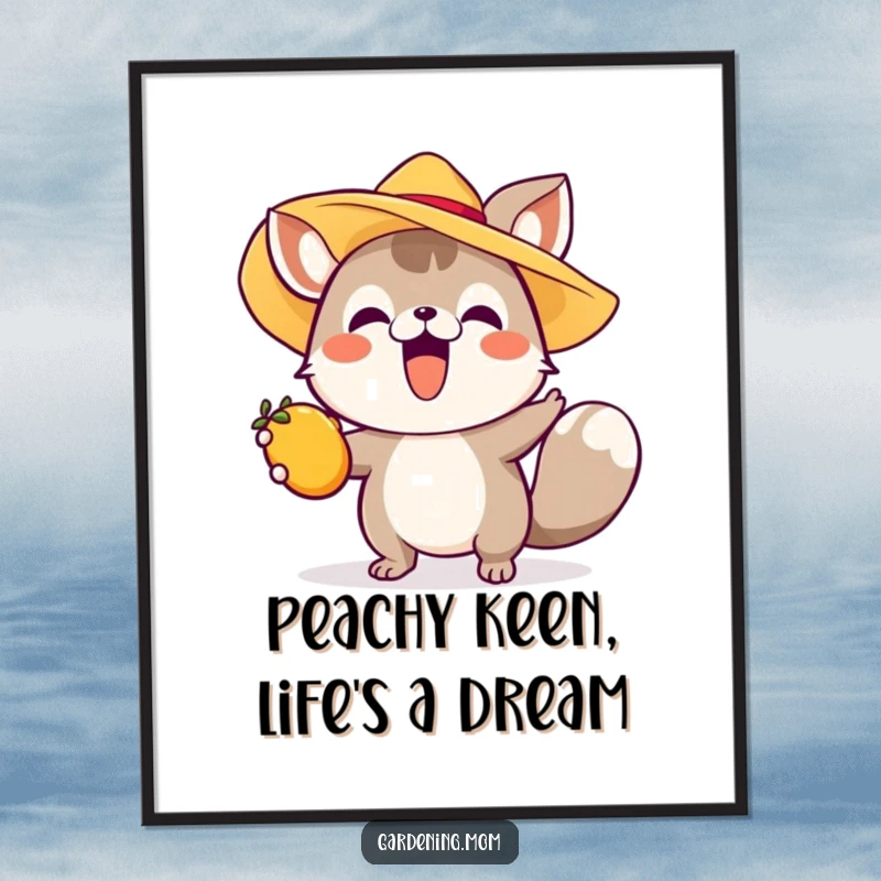 Funny Free Printable Wall Art: Cheerful animal in a sun hat reaching with excitement for a ripe, tempting fruit.