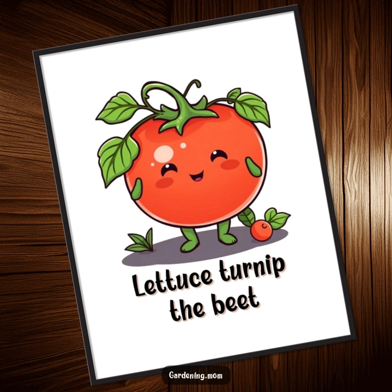 Funny free printable wall art of a smiling animal character holding out a plump, red tomato, radiating homegrown charm and humor.