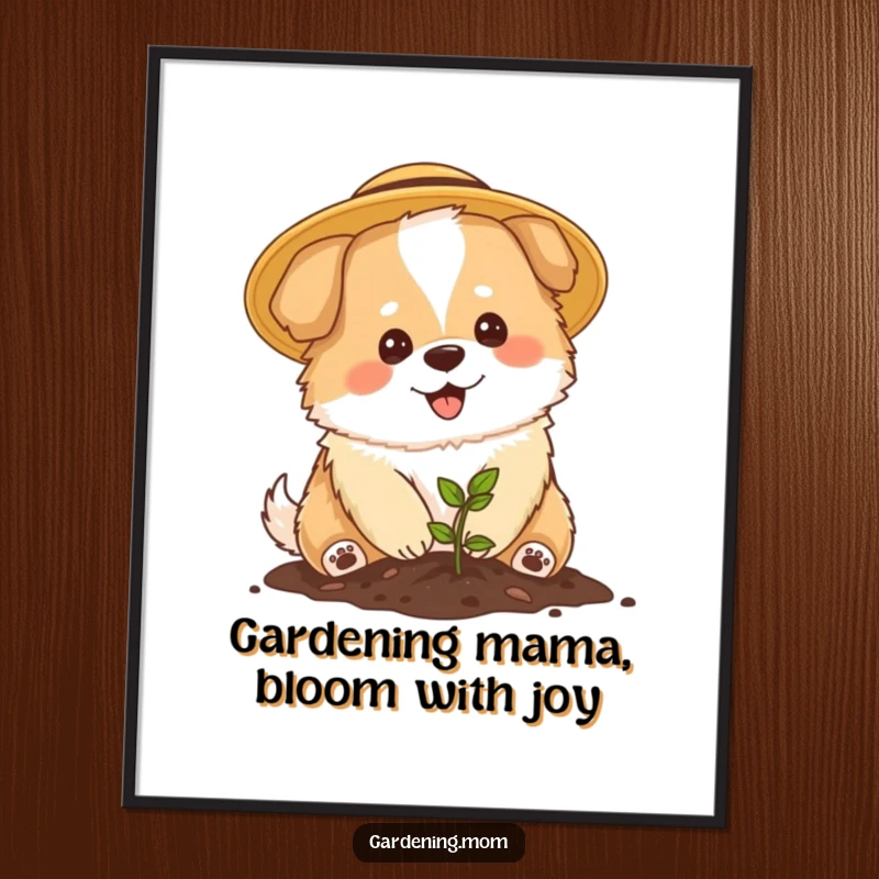 Funny Free Printable mama dog wall art of a dog wearing a sun hat planting a tiny seedling.