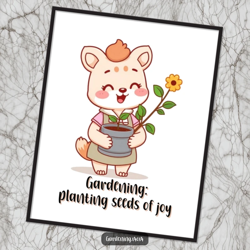 Funny Free Printable Wall Art: A cheerful gardening mom animal character holding a small potted sprout, bringing nature indoors.