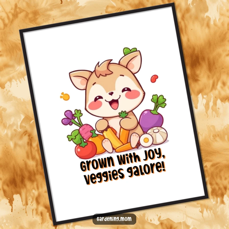 Funny Free Printable Wall Art: Giggling Animal Character Happily Picking a Variety of Colorful Vegetables with Glee
