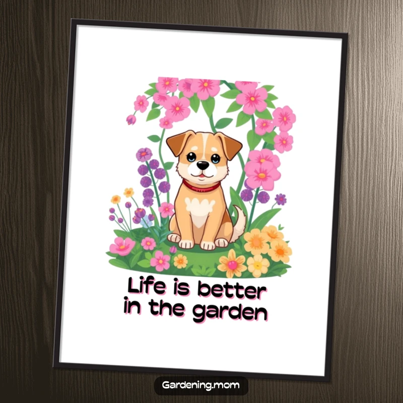 Funny Free Printable Wall Art: A happy dog sits contentedly amidst a vibrant, lush garden, surrounded by greenery.