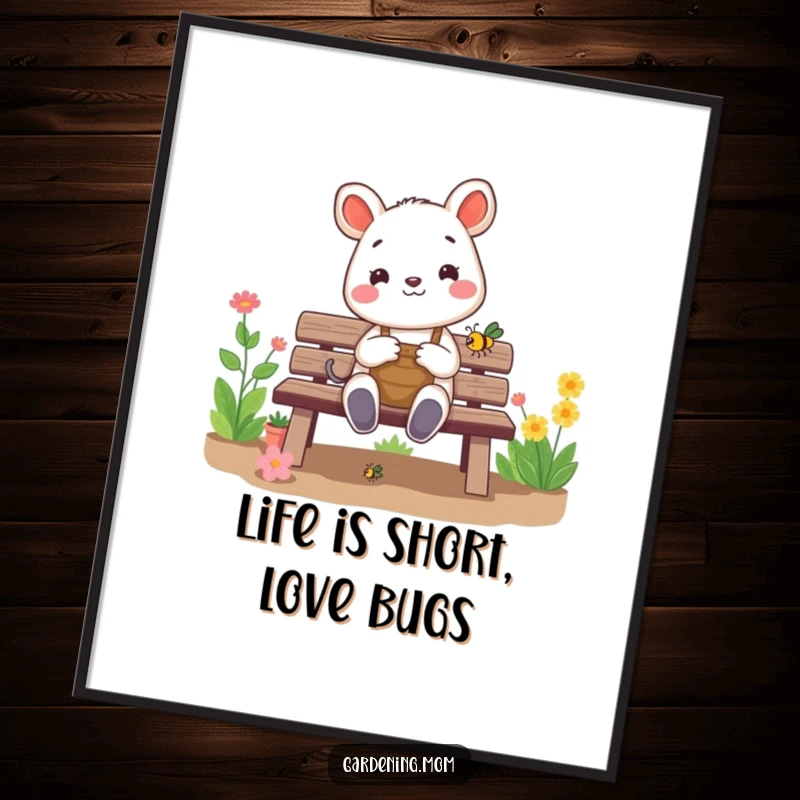 Funny Free Printable Wall Art: a cheerful gardening animal sits on a bench, engrossed in admiring a tiny bug, radiating calm.