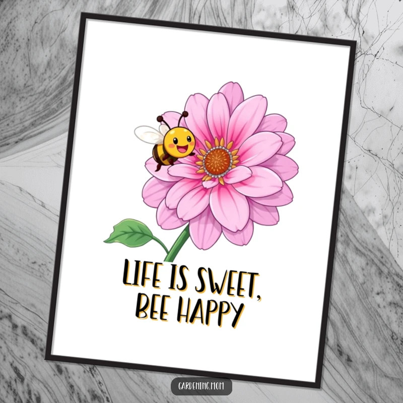 Funny Free Printable Wall Art: A smiling bee joyfully buzzing amidst the petals of a giant, vibrant, blooming flower.