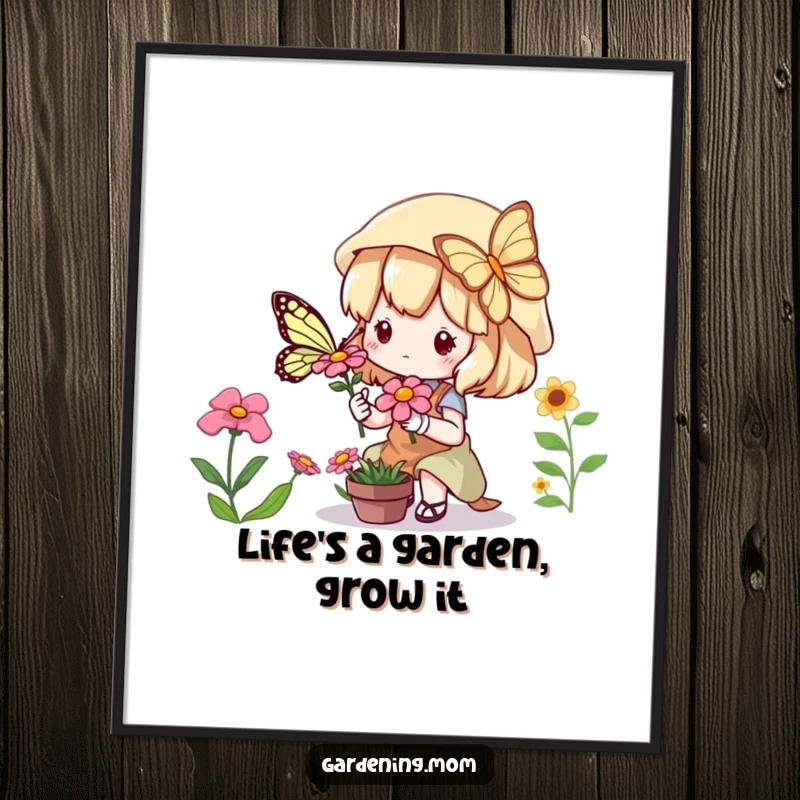 Funny Free Printable Wall Art: Adorable Kawaii gardener enchanted by a colorful butterfly perched on a vibrant flower, bringing garden joy.