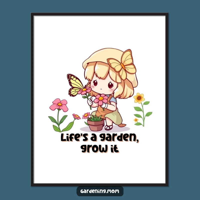 Free Printable Wall Art: Funny Kawaii Gardener & Butterfly, Downloadable Art for a Cheerful Home!