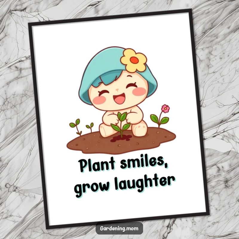 Funny Free Printable Wall Art: A kawaii character gleefully plants a tiny seed in the earth, surrounded by little sprouts.