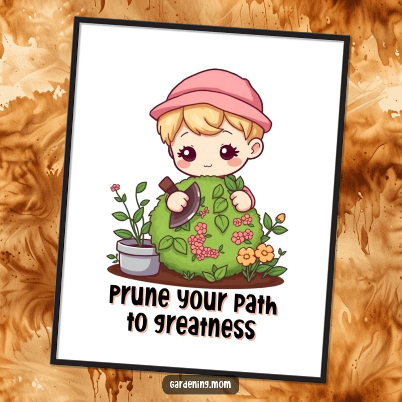 Free Printable Wall Art: Kawaii gardener gently pruning a bush with meticulous focus, creating a scene of peaceful cultivation.