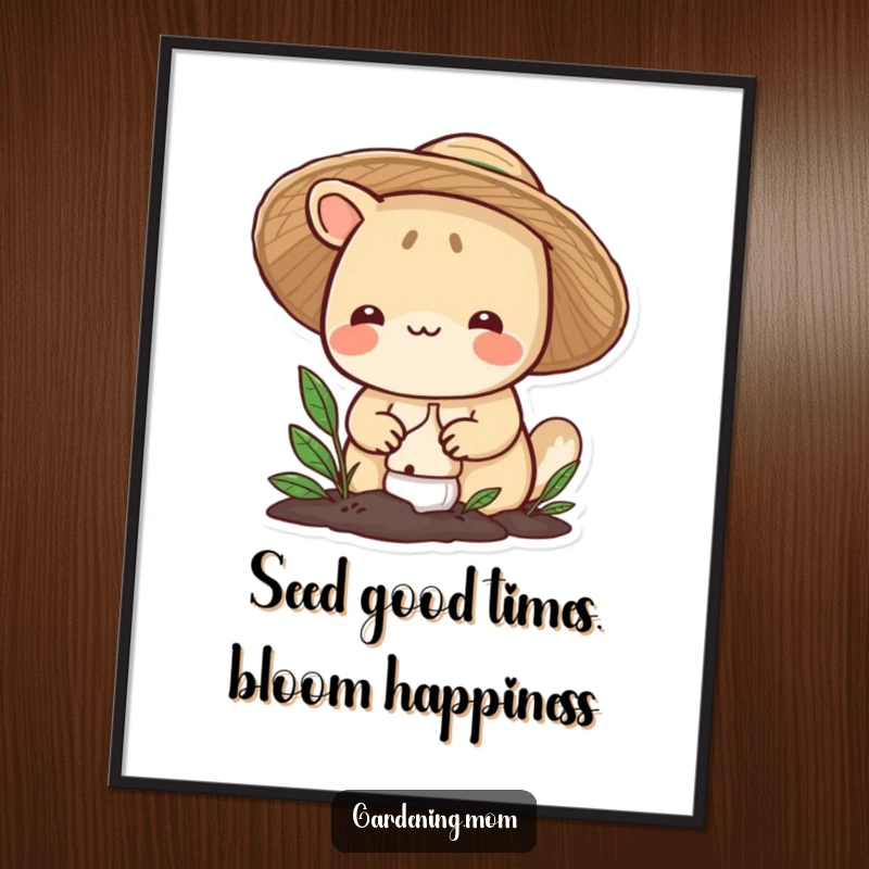 Funny Free Printable Wall Art featuring a smiling gardening animal in a straw hat planting a bulb, embodying growth and joy.