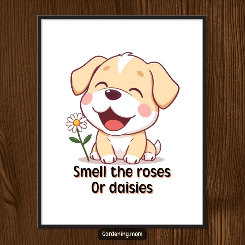 Funny Free Printable Wall Art: A mama dog with a delighted expression, mesmerized by a beautiful blooming daisy.