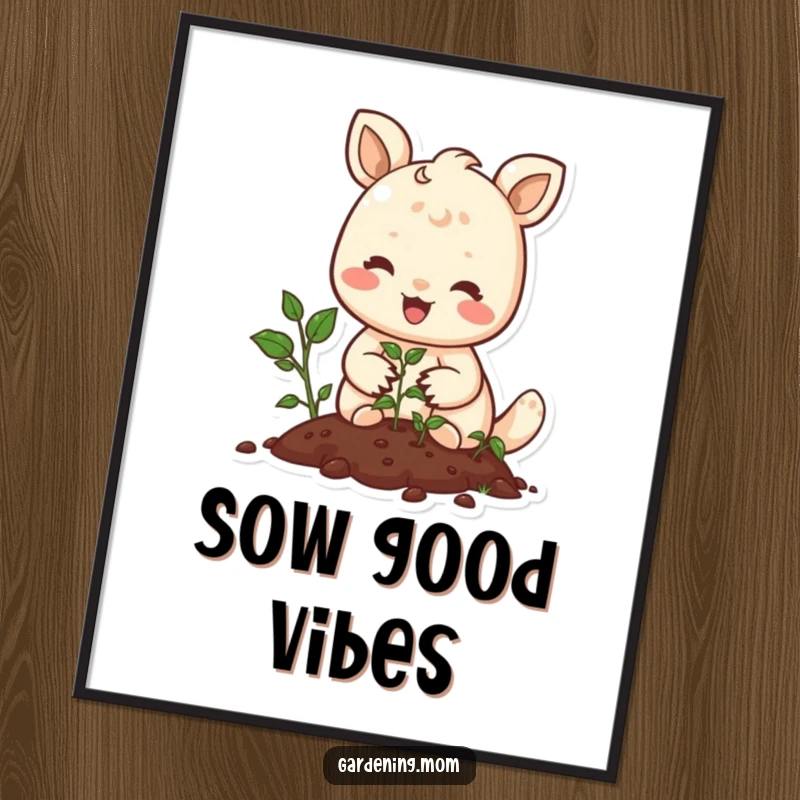 Funny Free Printable Wall Art: Smiling animal character gently planting small seeds in fertile soil, fostering growth.