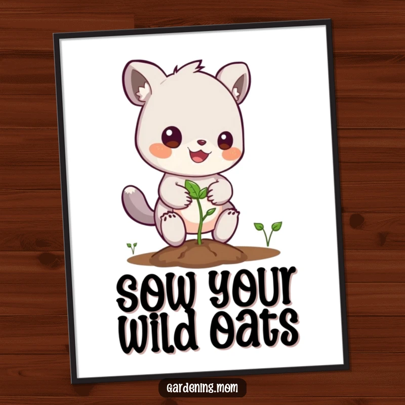 Funny free printable wall art depicting an energetic animal character enthusiastically planting a seed, embodying growth and nature's beauty.