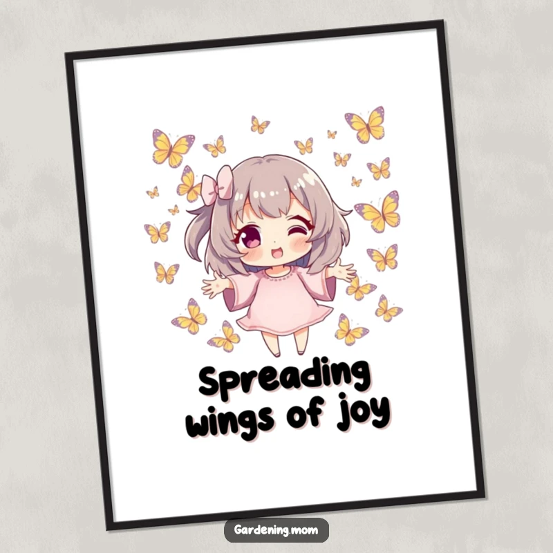 Funny Free Printable Wall Art: Character with outstretched hands, surrounded by a swarm of fluttering butterflies, a peaceful downloadable art.