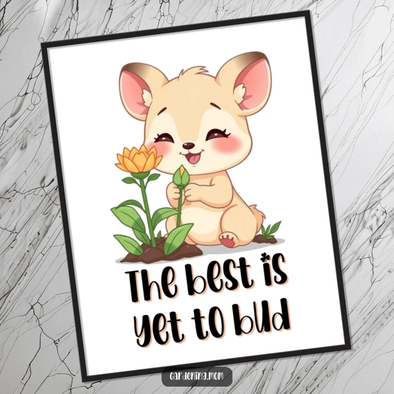 Funny free printable wall art: A mom animal character excitedly examining a tiny, new bud on a plant.