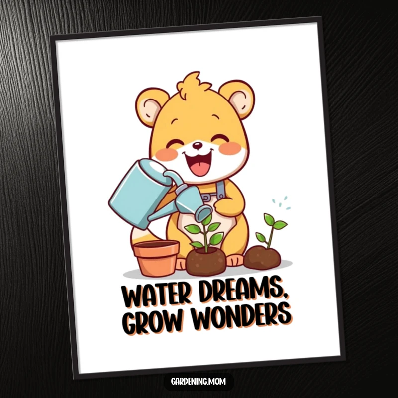 Funny Free Printable Wall Art: a delighted gardening animal character watering a tiny sprout with a watering can, bringing life and laughter.