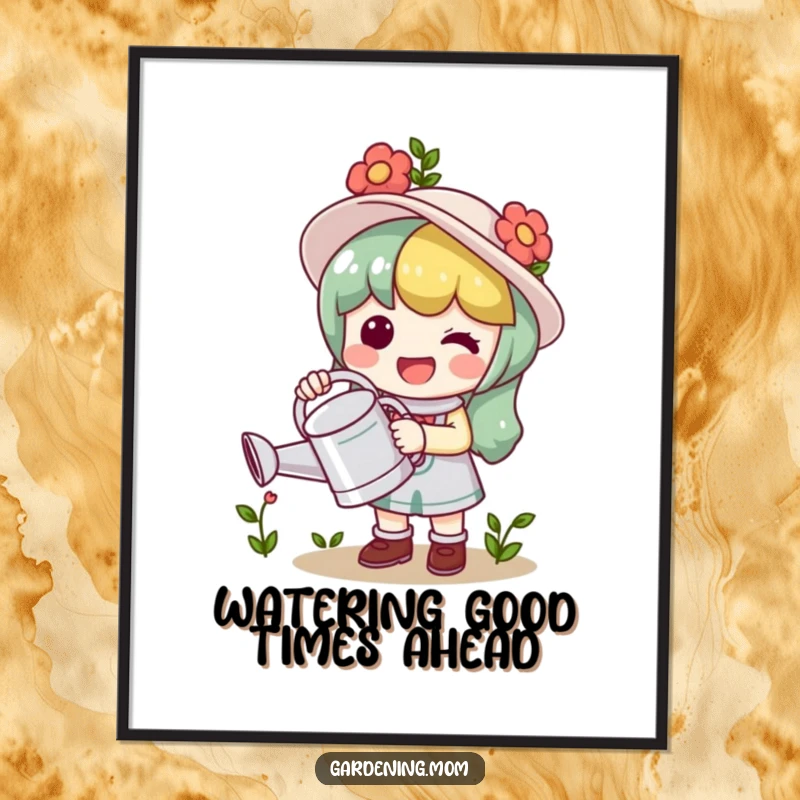 Funny Free Printable Wall Art: Cute and happy Kawaii gardener proudly holds a bright watering can, ready to nurture your home decor.