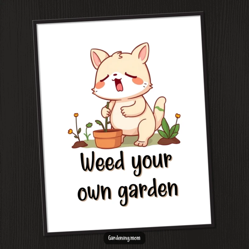 Funny Free Printable Wall Art: A gardening animal character yawns while diligently weeding, embodying determined effort with a humorous sleepy expression.