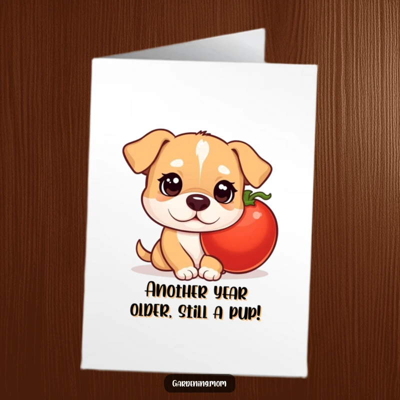 Funny Free Printable Birthday Card: Mama dog with curious eyes, peeking playfully from behind a big, juicy tomato.