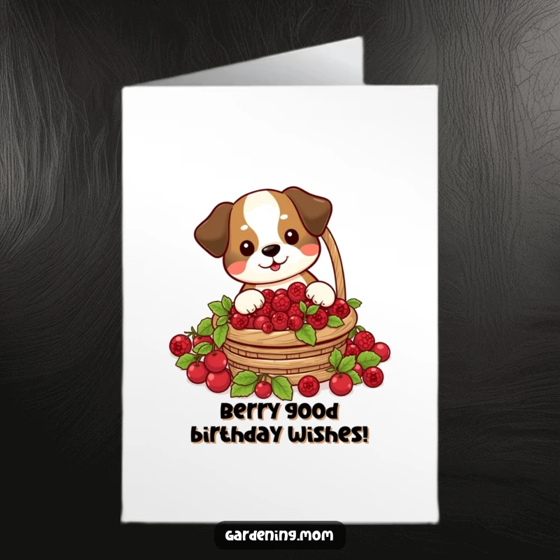 Funny Free Printable Birthday Card: A happy dog harvests a basket overflowing with plump, red berries.