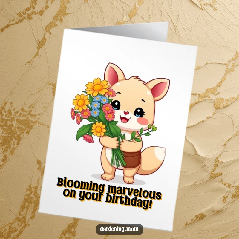 Funny Free Printable Birthday Card: a happy gardening animal proudly holds a bouquet of vibrant flowers, celebrating a birthday.