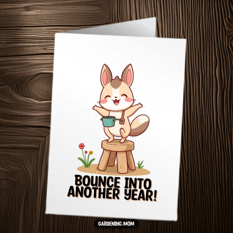 Funny Free Printable Birthday Card featuring a happy animal gardener gleefully bouncing on a small garden stool, celebrating with joy.