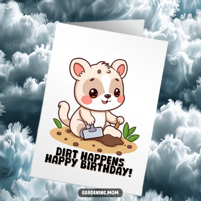 Funny Free Printable Birthday Card: Playful animal character enthusiastically digging in soil with a small trowel.