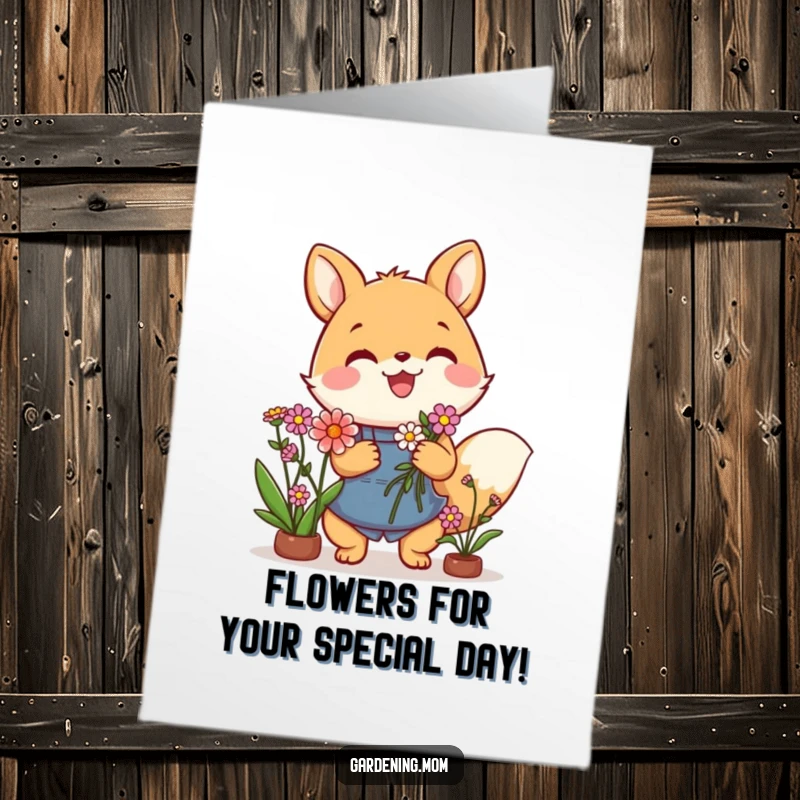 Funny free printable birthday card featuring a cute animal character joyfully holding a vibrant bouquet of colorful flowers, ready to celebrate.