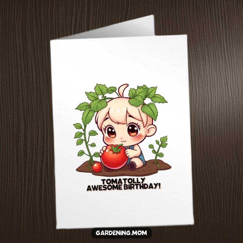 Funny Free Printable Birthday Card: A gardener with wide, curious eyes marvels at a large, ripe tomato.