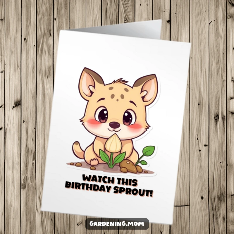 Funny Free Printable Birthday Card featuring a curious animal character with wide eyes looking at a sprouting seed.