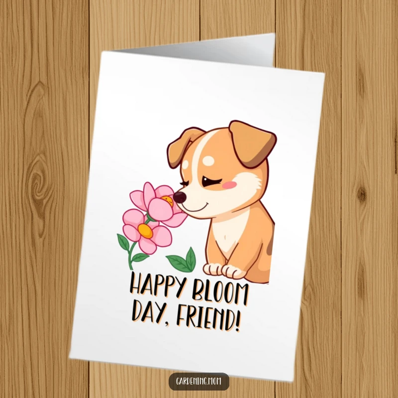 Funny free printable birthday card featuring a dog looking with pure delight at a blooming flower, capturing wonder.