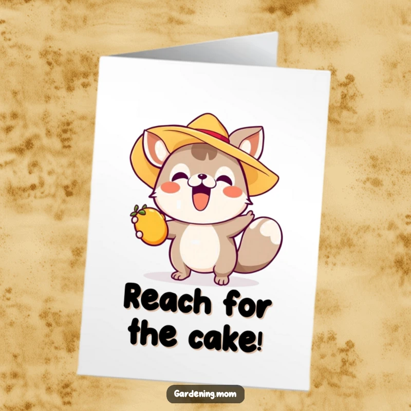 Funny Free Printable Birthday Card: Excited animal in a sun hat reaching for a juicy fruit, full of anticipation.