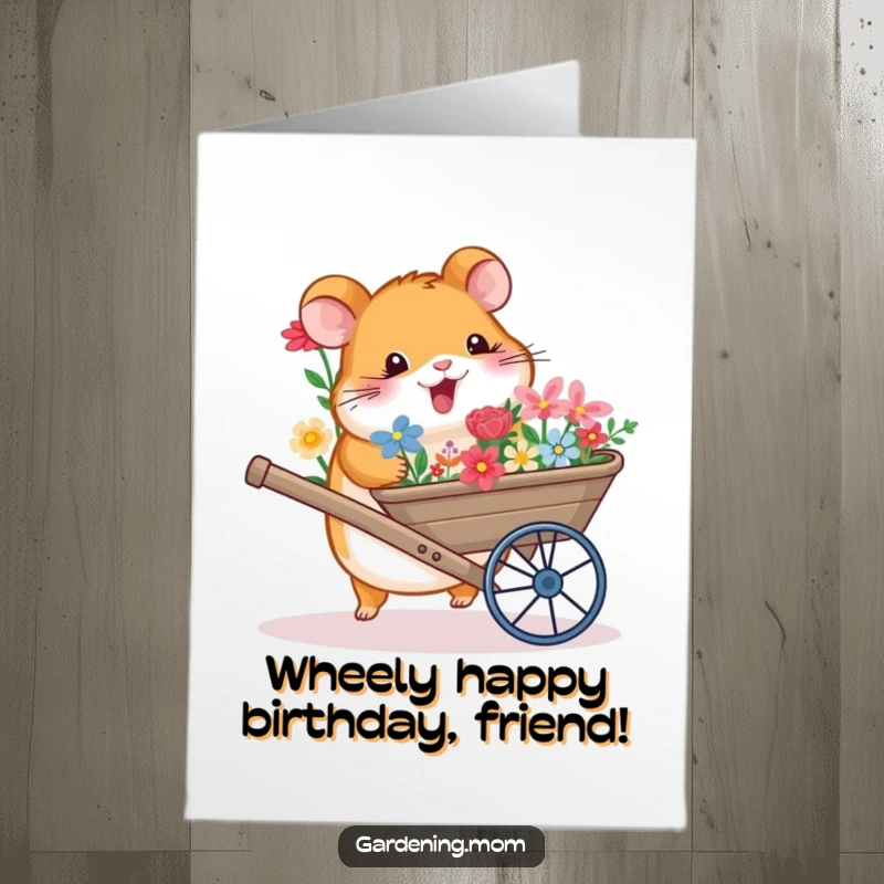 Funny Free Printable Birthday Card: A happy hamster joyfully pushes a wheelbarrow overflowing with vibrant flowers for a special celebration.