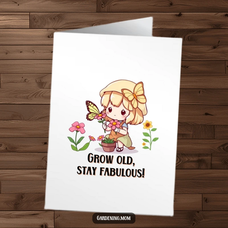 Funny Free Printable Birthday Card: Kawaii gardener gazes lovingly at a butterfly on a flower, radiating joy and springtime wonder.